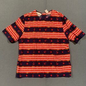 Bechamel Nautical Blouse Womens 10 Navy Red Striped Anchor Star Cruise Vintage